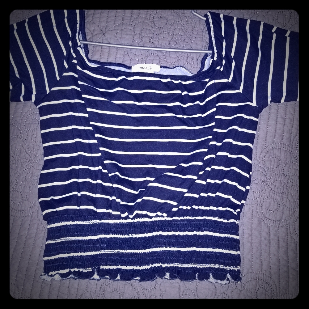 Navy blue Stripped crop top, bottom half ribbed